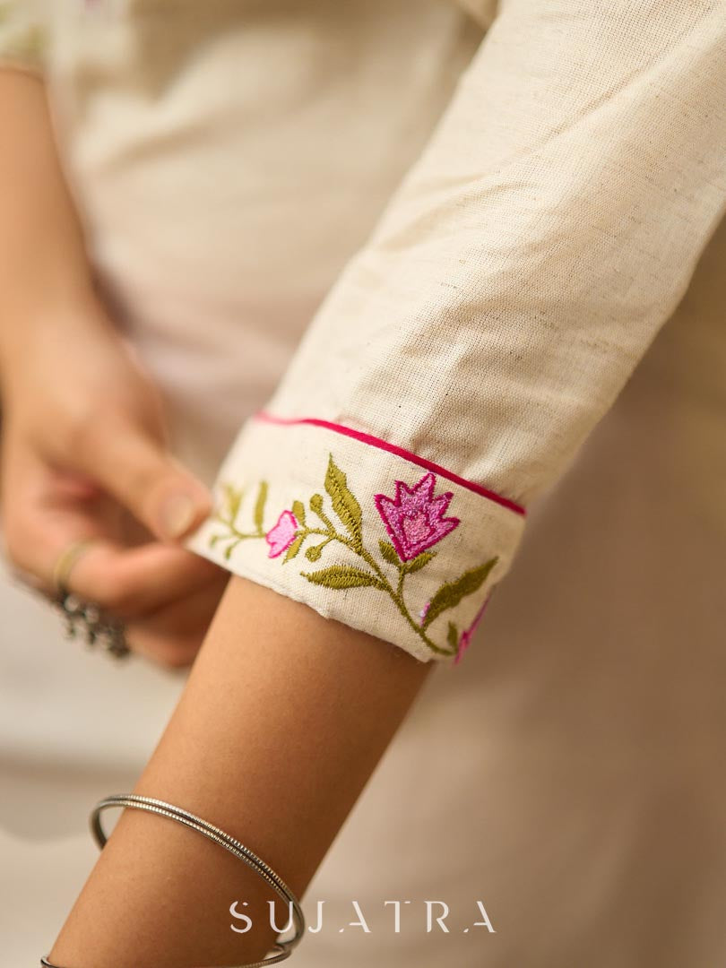 Soulful Off-White Cotton Kurta with Pink Floral Embroidered Neckline & Sleeves