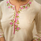 Soulful Off-White Cotton Kurta with Pink Floral Embroidered Neckline & Sleeves