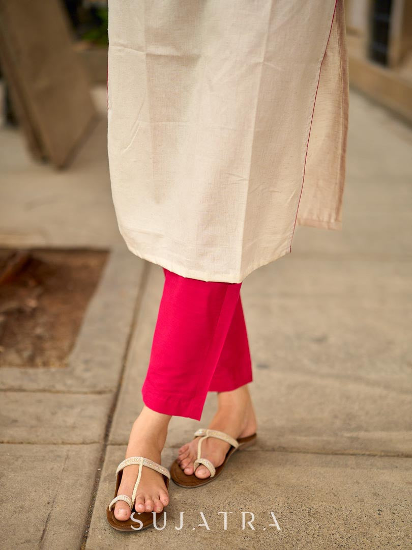 Soulful Off-White Cotton Kurta with Pink Floral Embroidered Neckline & Sleeves