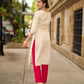 Soulful Off-White Cotton Kurta with Pink Floral Embroidered Neckline & Sleeves