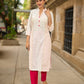 Structured White Cotton Kurta with Pink & White Kantha Embroidered Panels & Contrast Pink Buttons