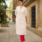 Structured White Cotton Kurta with Pink & White Kantha Embroidered Panels & Contrast Pink Buttons