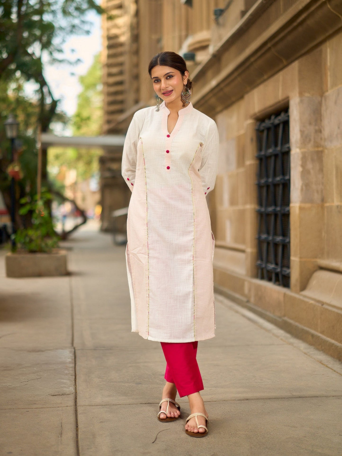 Structured White Cotton Kurta with Pink & White Kantha Embroidered Panels & Contrast Pink Buttons