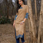 Refined Sandy Beige Cotton Kurta Featuring Contrasting Kantha Printed Collar, Cuff Details & Hem Border
