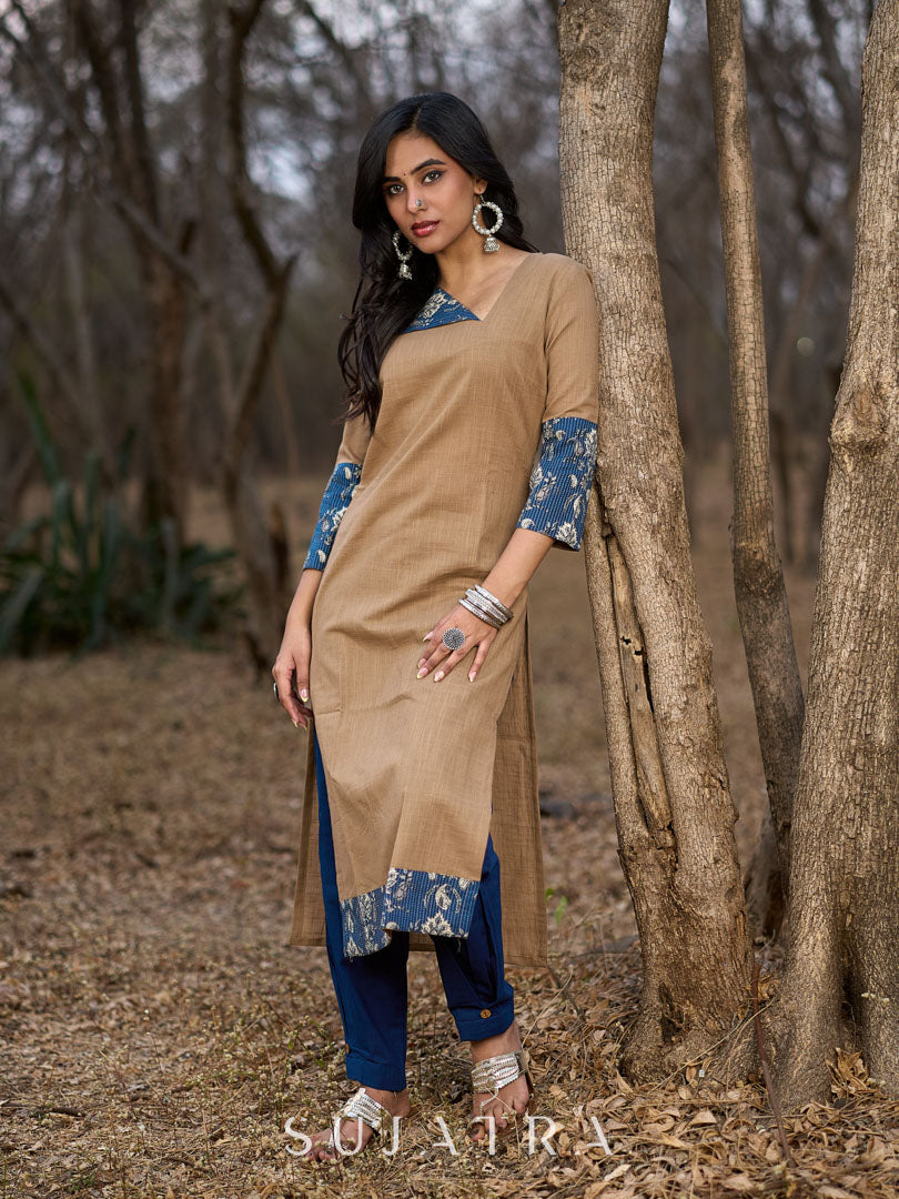 Refined Sandy Beige Cotton Kurta Featuring Contrasting Kantha Printed Collar, Cuff Details & Hem Border