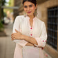 Structured White Cotton Kurta with Pink & White Kantha Embroidered Panels & Contrast Pink Buttons