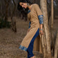 Refined Sandy Beige Cotton Kurta Featuring Contrasting Kantha Printed Collar, Cuff Details & Hem Border