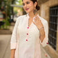 Structured White Cotton Kurta with Pink & White Kantha Embroidered Panels & Contrast Pink Buttons