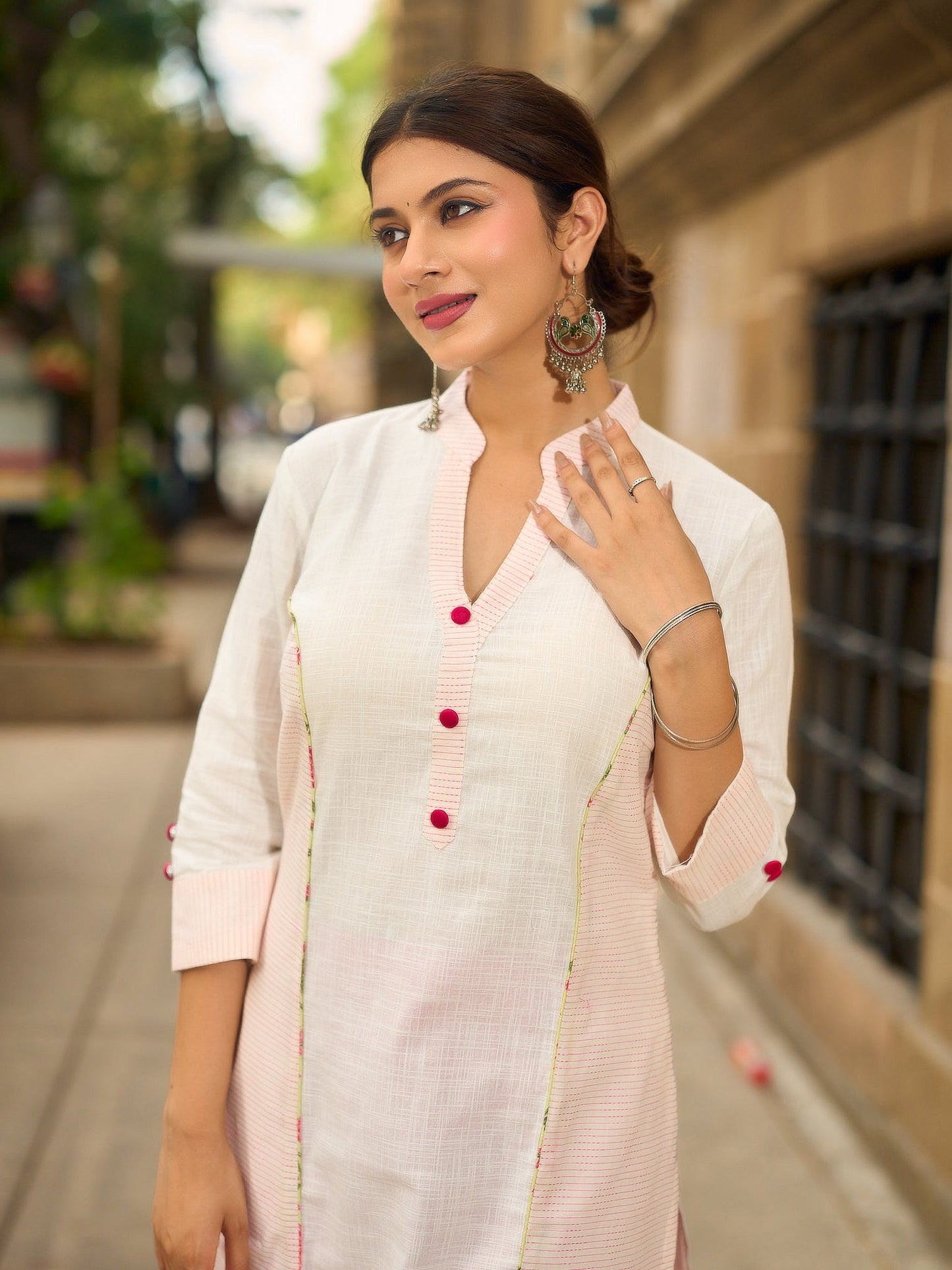 Structured White Cotton Kurta with Pink & White Kantha Embroidered Panels & Contrast Pink Buttons