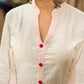 Structured White Cotton Kurta with Pink & White Kantha Embroidered Panels & Contrast Pink Buttons