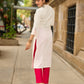Structured White Cotton Kurta with Pink & White Kantha Embroidered Panels & Contrast Pink Buttons