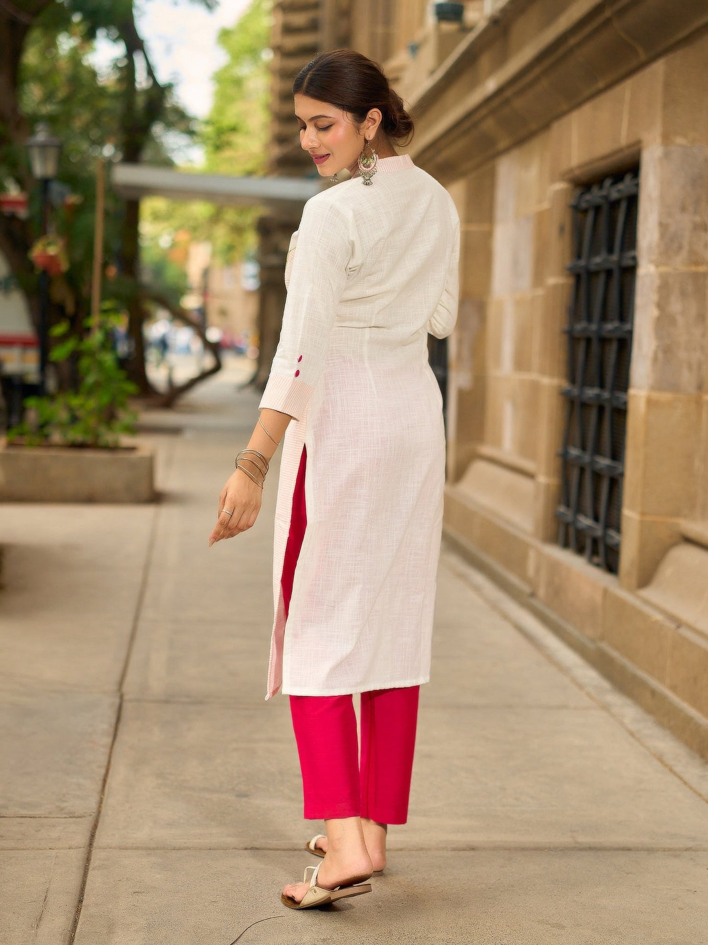 Structured White Cotton Kurta with Pink & White Kantha Embroidered Panels & Contrast Pink Buttons