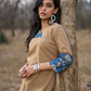 Refined Sandy Beige Cotton Kurta Featuring Contrasting Kantha Printed Collar, Cuff Details & Hem Border