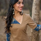 Refined Sandy Beige Cotton Kurta Featuring Contrasting Kantha Printed Collar, Cuff Details & Hem Border