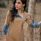 Refined Sandy Beige Cotton Kurta Featuring Contrasting Kantha Printed Collar, Cuff Details & Hem Border