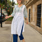 Structured White Cotton Kurta with Powder Blue Printed Yoke & Gathered Puff Sleeves