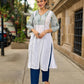 Structured White Cotton Kurta with Powder Blue Printed Yoke & Gathered Puff Sleeves