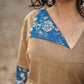 Refined Sandy Beige Cotton Kurta Featuring Contrasting Kantha Printed Collar, Cuff Details & Hem Border