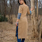 Refined Sandy Beige Cotton Kurta Featuring Contrasting Kantha Printed Collar, Cuff Details & Hem Border