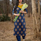 Navy Blue Cotton Kurta with Contrast Mustard Yoke and Printed Buttas