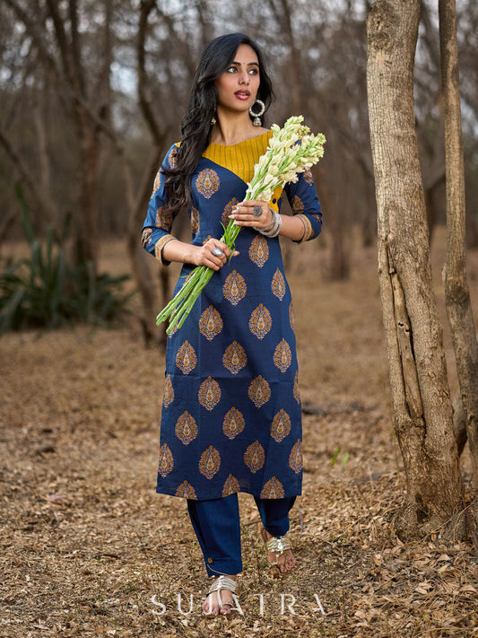 Navy Blue Cotton Kurta with Contrast Mustard Yoke and Printed Buttas