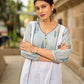 Structured White Cotton Kurta with Powder Blue Printed Yoke & Gathered Puff Sleeves
