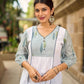 Structured White Cotton Kurta with Powder Blue Printed Yoke & Gathered Puff Sleeves