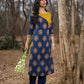 Navy Blue Cotton Kurta with Contrast Mustard Yoke and Printed Buttas
