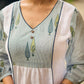 Structured White Cotton Kurta with Powder Blue Printed Yoke & Gathered Puff Sleeves