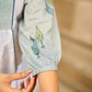 Structured White Cotton Kurta with Powder Blue Printed Yoke & Gathered Puff Sleeves