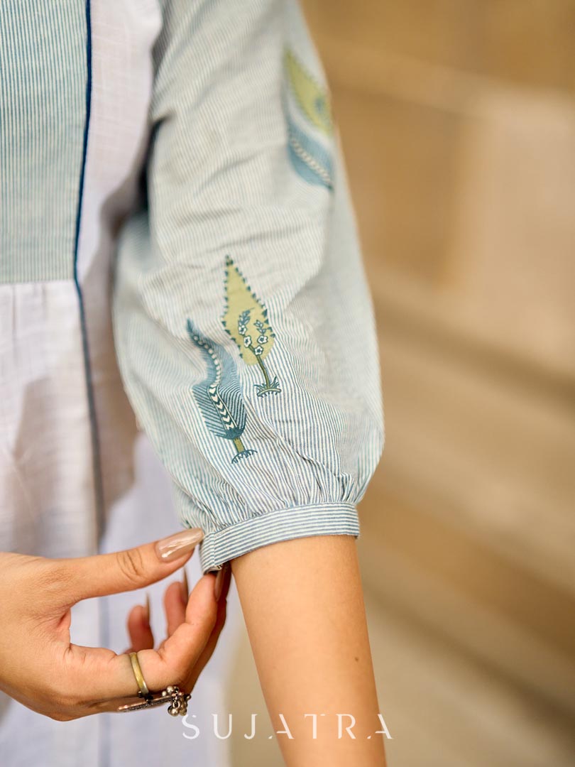 Structured White Cotton Kurta with Powder Blue Printed Yoke & Gathered Puff Sleeves