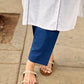 Structured White Cotton Kurta with Powder Blue Printed Yoke & Gathered Puff Sleeves