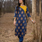 Navy Blue Cotton Kurta with Contrast Mustard Yoke and Printed Buttas