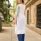 Structured White Cotton Kurta with Powder Blue Printed Yoke & Gathered Puff Sleeves