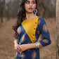 Navy Blue Cotton Kurta with Contrast Mustard Yoke and Printed Buttas