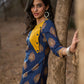 Navy Blue Cotton Kurta with Contrast Mustard Yoke and Printed Buttas