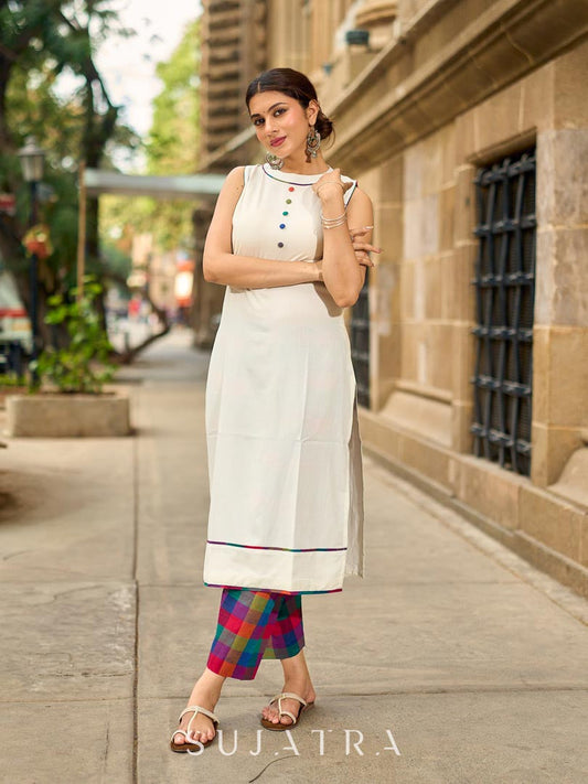 Pristine Off-White Sleeveless Halter Neck Kurta with Vibrant Multicolor Buttons & Hem Trim