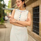 Pristine Off-White Sleeveless Halter Neck Kurta with Vibrant Multicolor Buttons & Hem Trim