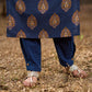 Navy Blue Cotton Kurta with Contrast Mustard Yoke and Printed Buttas