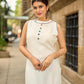 Pristine Off-White Sleeveless Halter Neck Kurta with Vibrant Multicolor Buttons & Hem Trim