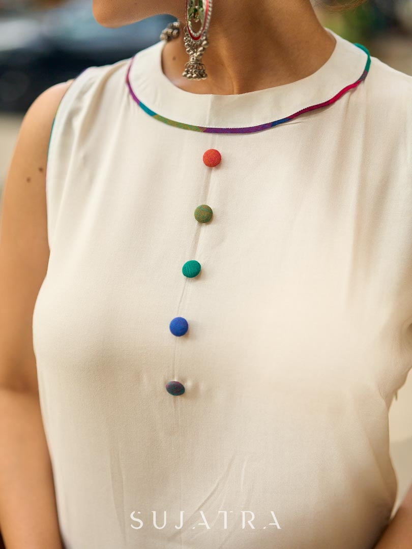 Pristine Off-White Sleeveless Halter Neck Kurta with Vibrant Multicolor Buttons & Hem Trim