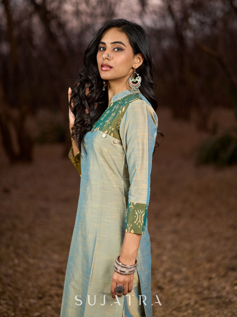 Exquisite Light Olive Cotton Silk Kurta with Ikat Accents