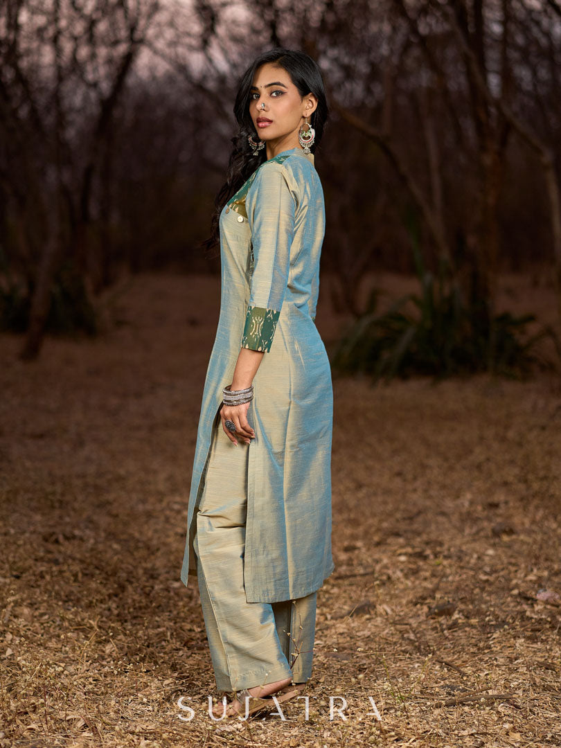 Exquisite Light Olive Cotton Silk Kurta with Ikat Accents