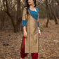 Gold Cotton Silk Kurta with Contrasting Asymmetrical Striped Yoke & Sleeve