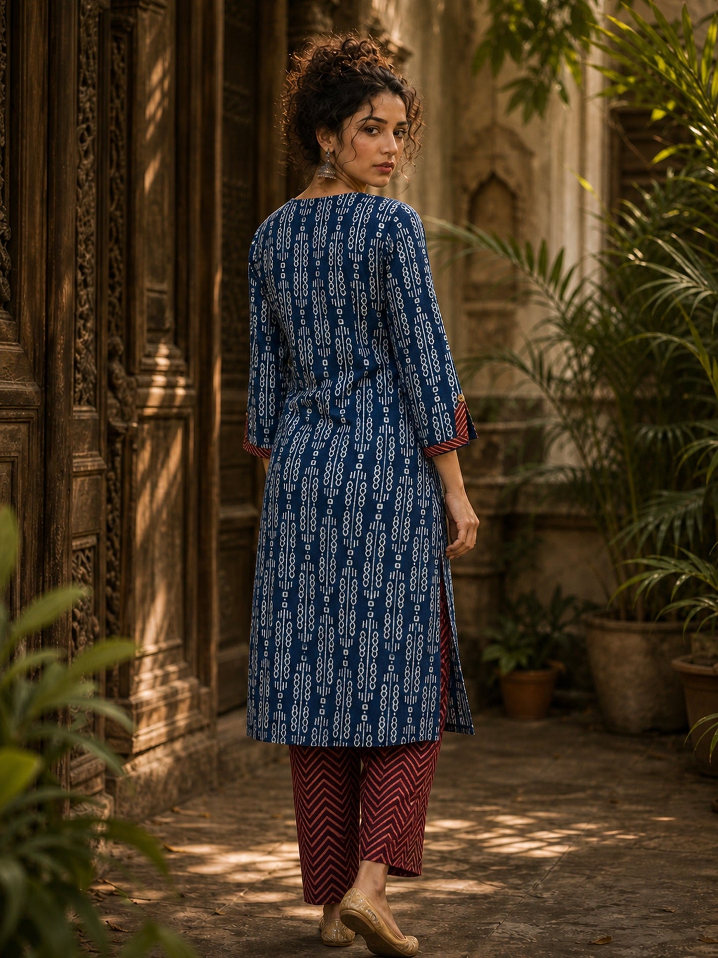Indigo Dabu Print Kurta with Contrast Ajrakh Rust Chevron V-Placket & Matching Cuff Detail