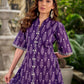 Elegant purple mercerised Ikat dress designed with a softly folded round neckline revealing grey highlights and balanced grey accents throughout