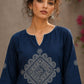 Captivating navy top adorned with a bold, rhythmic block print design, pleated sleeve detailing, and a versatile cut.