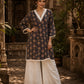 Navy Blue Floral Print Short Kurta with White Hakoba V-Neck Trim & Bell Sleeves