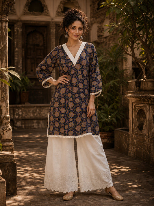 Navy Blue Floral Print Short Kurta with White Hakoba V-Neck Trim & Bell Sleeves