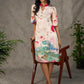 Pichwai-inspired off white lotus print dress with pink accents.
